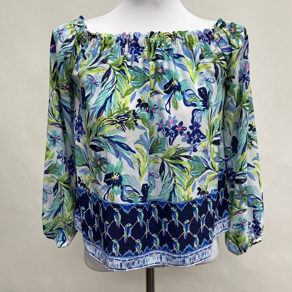 Lilly Pulitzer Top XS White Blue Green Pink Off the Shoulder Parrots Floral